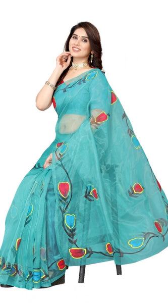 Mayawye Women's Organza Floral Pattern Sarees (Rama, 5-6 Mtrs)