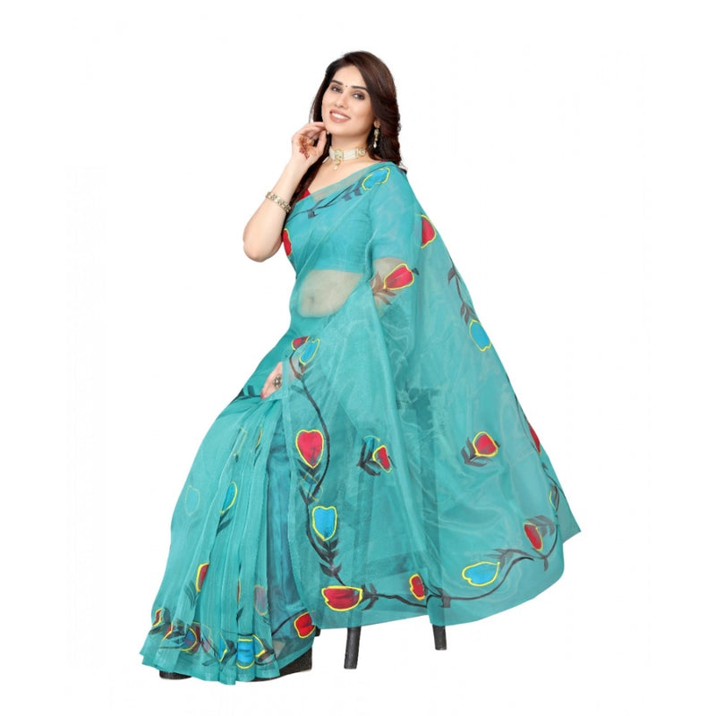 Mayawye Women's Organza Floral Pattern Sarees (Rama, 5-6 Mtrs)