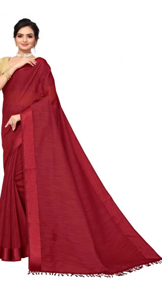Mayawye Women's Cotton Blend Stripe Pattern Sarees (Maroon, 5-6 Mtrs)