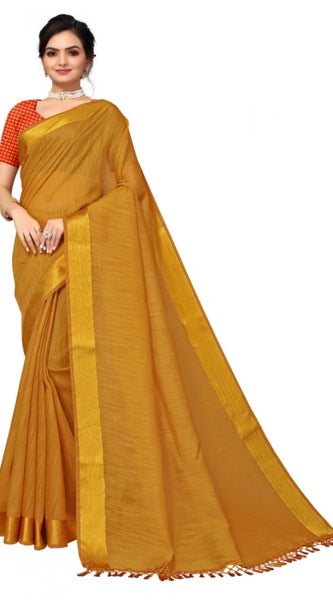 Mayawye Women's Cotton Blend Stripe Pattern Sarees (Mustard, 5-6 Mtrs)