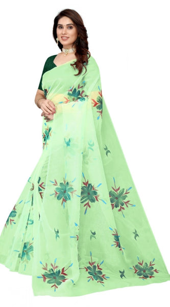 Mayawye Women's Organza Floral Pattern Sarees (Parrot Green, 5-6 Mtrs)