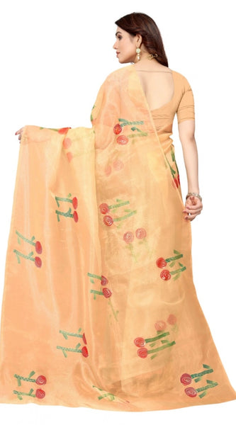 Mayawye Women's Organza Floral Pattern Sarees (Orange, 5-6 Mtrs)