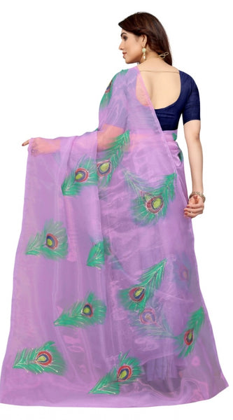 Mayawye Women's Organza Floral Pattern Sarees (Lavendor, 5-6 Mtrs)