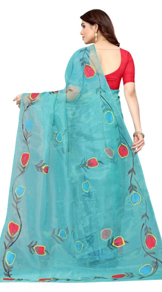 Mayawye Women's Organza Floral Pattern Sarees (Rama, 5-6 Mtrs)