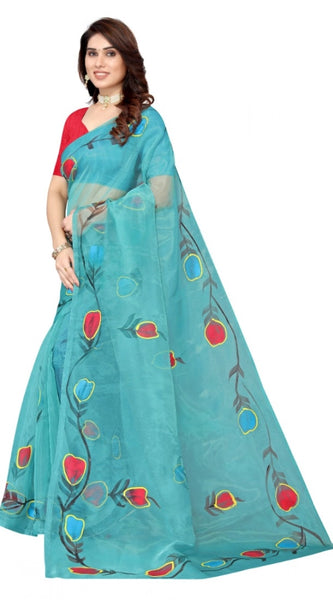 Mayawye Women's Organza Floral Pattern Sarees (Rama, 5-6 Mtrs)