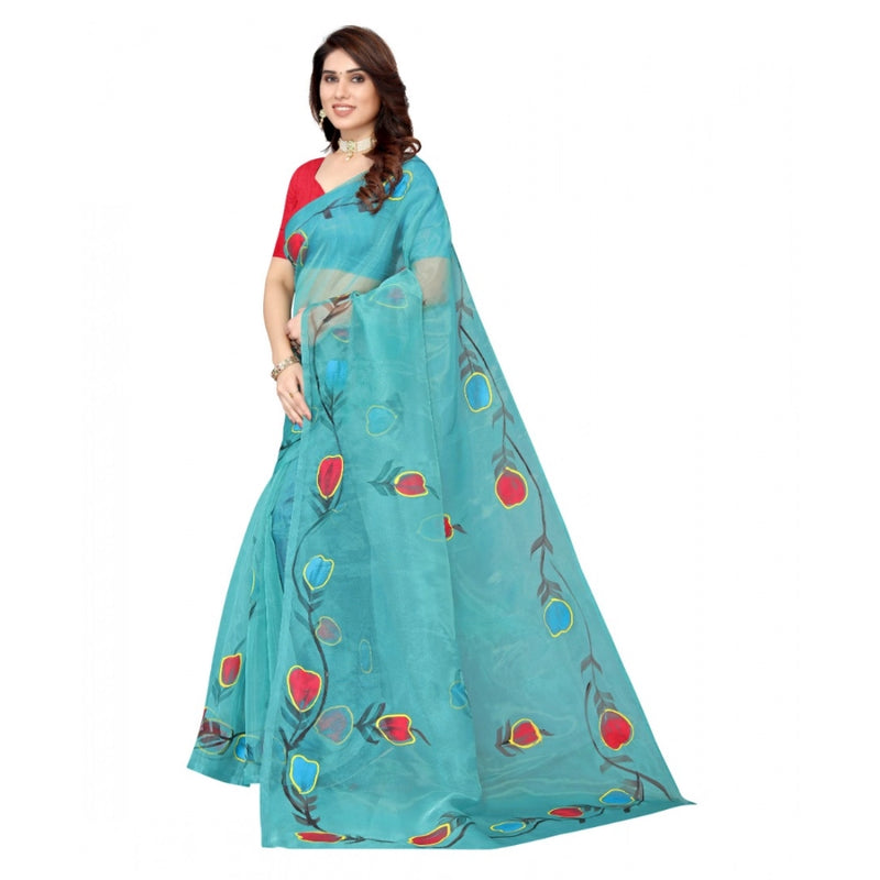Mayawye Women's Organza Floral Pattern Sarees (Rama, 5-6 Mtrs)