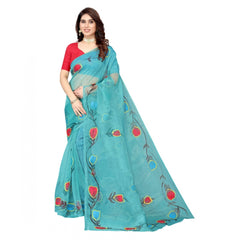 Mayawye Women's Organza Floral Pattern Sarees (Rama, 5-6 Mtrs)