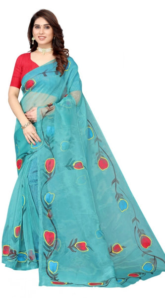 Mayawye Women's Organza Floral Pattern Sarees (Rama, 5-6 Mtrs)
