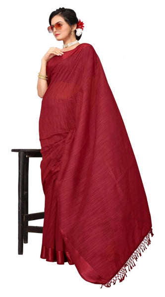 Mayawye Women's Cotton Blend Stripe Pattern Sarees (Maroon, 5-6 Mtrs)