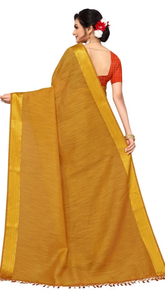 Mayawye Women's Cotton Blend Stripe Pattern Sarees (Mustard, 5-6 Mtrs)
