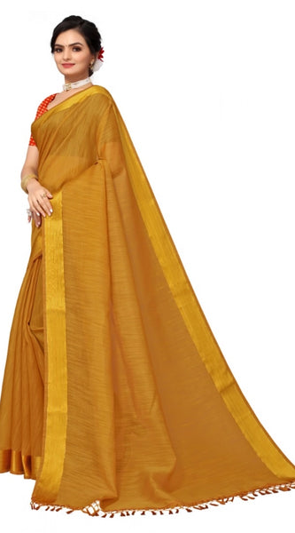 Mayawye Women's Cotton Blend Stripe Pattern Sarees (Mustard, 5-6 Mtrs)