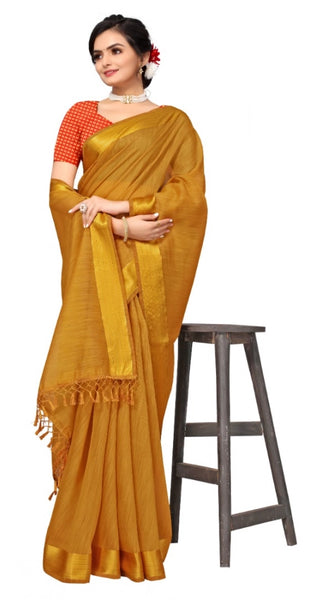 Mayawye Women's Cotton Blend Stripe Pattern Sarees (Mustard, 5-6 Mtrs)