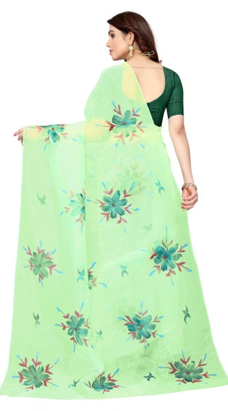 Mayawye Women's Organza Floral Pattern Sarees (Parrot Green, 5-6 Mtrs)
