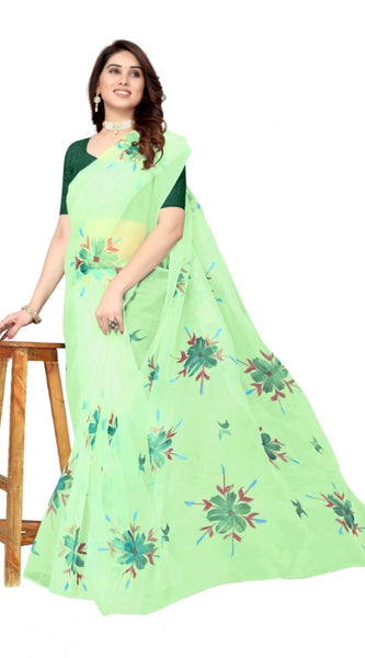 Mayawye Women's Organza Floral Pattern Sarees (Parrot Green, 5-6 Mtrs)