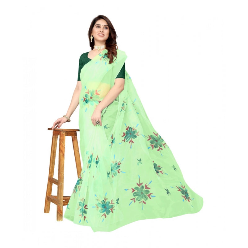 Mayawye Women's Organza Floral Pattern Sarees (Parrot Green, 5-6 Mtrs)
