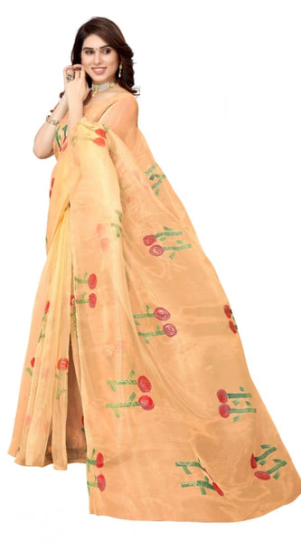 Mayawye Women's Organza Floral Pattern Sarees (Orange, 5-6 Mtrs)