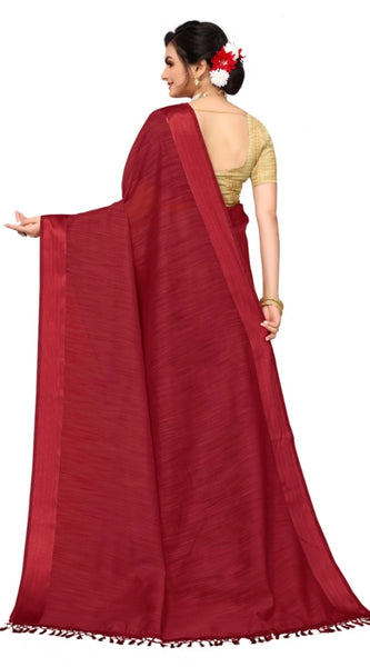 Mayawye Women's Cotton Blend Stripe Pattern Sarees (Maroon, 5-6 Mtrs)
