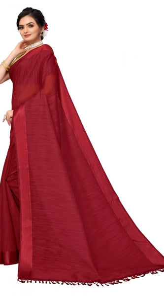 Mayawye Women's Cotton Blend Stripe Pattern Sarees (Maroon, 5-6 Mtrs)