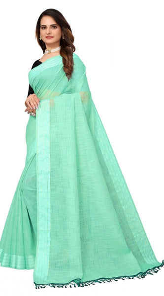 Mayawye Women's Cotton Blend Slub Pattern Sarees (Rama, 5-6 Mtrs)