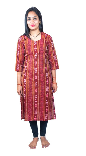 Mayawye Women's Sambalpuri Certified Handloom Pure Cotton Straight Kurti (Maroon)