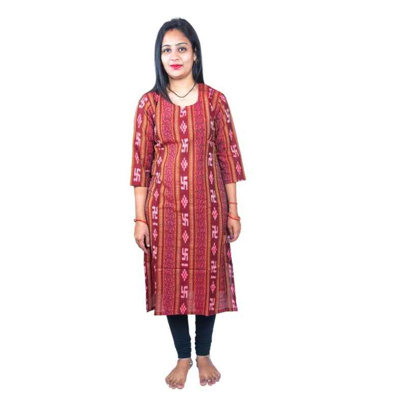 Mayawye Women's Sambalpuri Certified Handloom Pure Cotton Straight Kurti (Maroon)