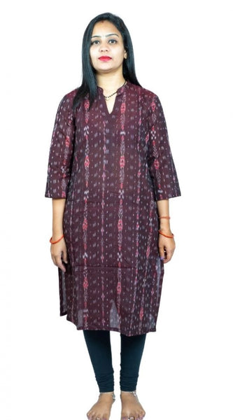 Mayawye Women's Sambalpuri Certified Handloom Pure Cotton Straight Kurti (Brown)