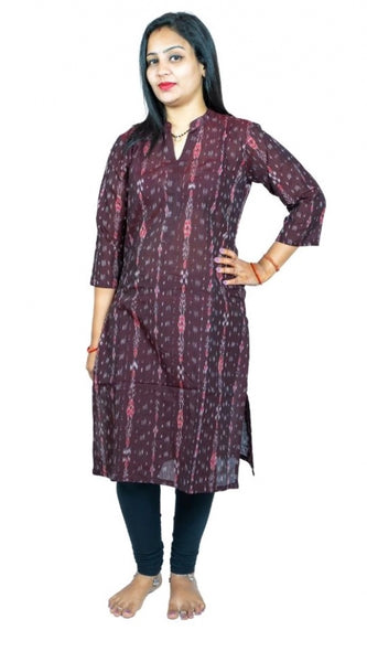 Mayawye Women's Sambalpuri Certified Handloom Pure Cotton Straight Kurti (Brown)