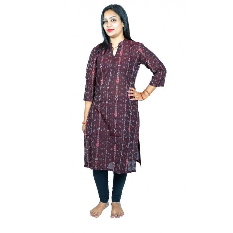 Mayawye Women's Sambalpuri Certified Handloom Pure Cotton Straight Kurti (Brown)