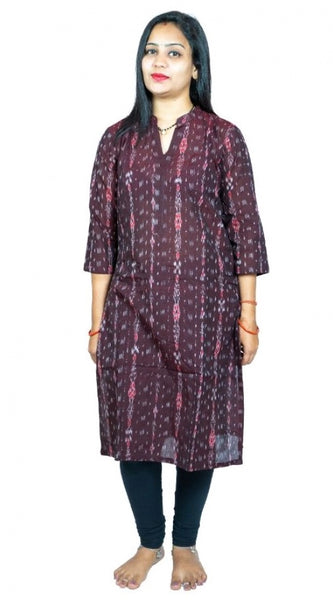 Mayawye Women's Sambalpuri Certified Handloom Pure Cotton Straight Kurti (Brown)