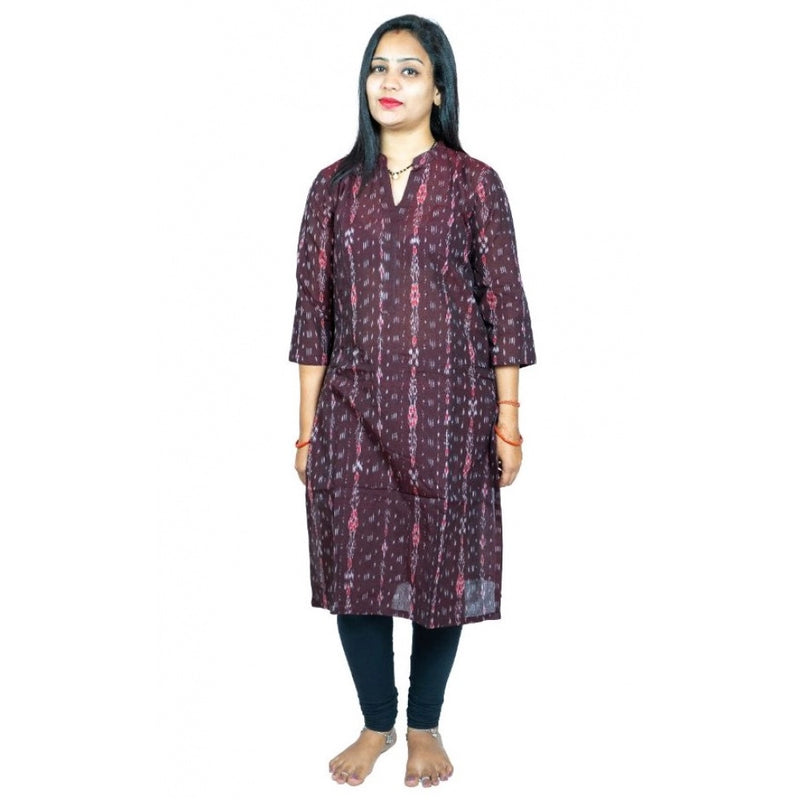 Mayawye Women's Sambalpuri Certified Handloom Pure Cotton Straight Kurti (Brown)