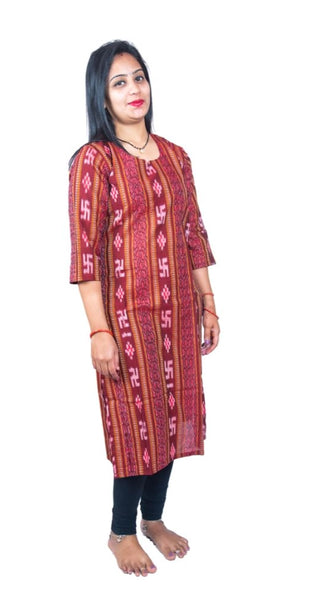Mayawye Women's Sambalpuri Certified Handloom Pure Cotton Straight Kurti (Maroon)