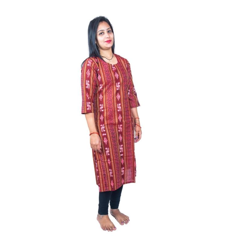 Mayawye Women's Sambalpuri Certified Handloom Pure Cotton Straight Kurti (Maroon)