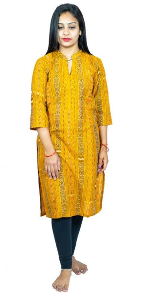 Mayawye Women's Sambalpuri Certified Handloom Pure Cotton Straight Kurti (Yellow)