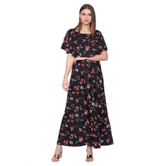 Mayawye Women's Crepe Floral Half Sleeves Full Length Gown(Black)