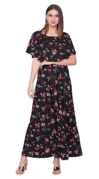 Mayawye Women's Crepe Floral Half Sleeves Full Length Gown(Black)