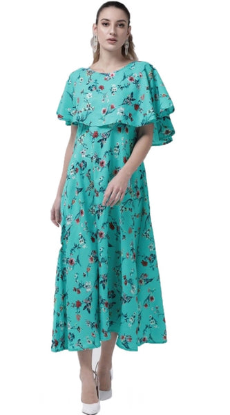 Mayawye Women's Crepe Floral Half Sleeves Full Length Gown(Turquoise)