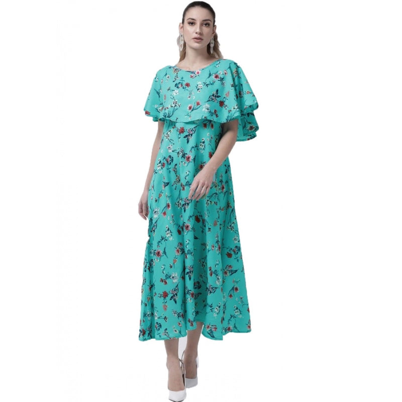 Mayawye Women's Crepe Floral Half Sleeves Full Length Gown(Turquoise)