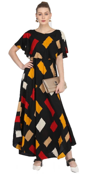 Mayawye Women's Crepe Printed Half Sleeves Full Length Gown(Multi)