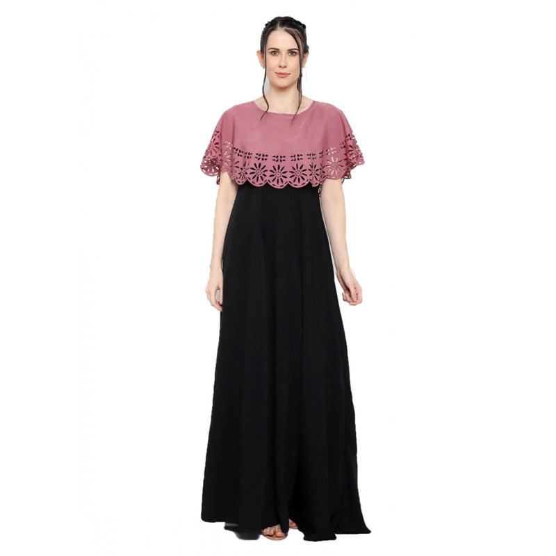 Mayawye Women's Crepe Solid Sleeveless Full Length Gown(Peach Black)