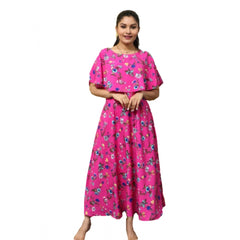 Mayawye Women's Crepe Floral Half Sleeves Full Length Gown(Pink)