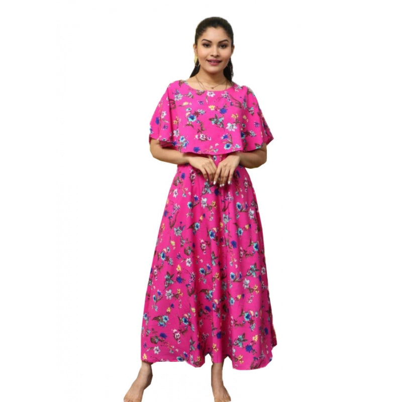 Mayawye Women's Crepe Floral Half Sleeves Full Length Gown(Pink)