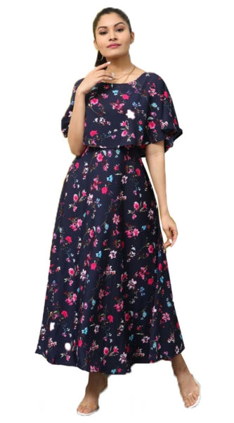 Mayawye Women's Crepe Floral Half Sleeves Full Length Gown(Dark Blue)