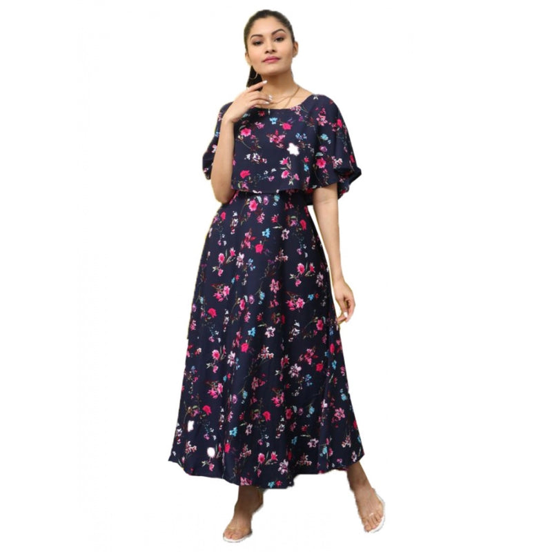 Mayawye Women's Crepe Floral Half Sleeves Full Length Gown(Dark Blue)