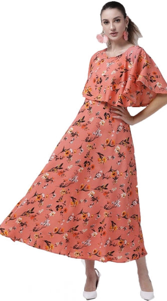 Mayawye Women's Crepe Floral Half Sleeves Full Length Gown(Orange)