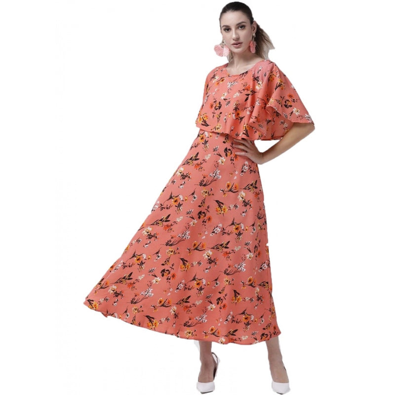 Mayawye Women's Crepe Floral Half Sleeves Full Length Gown(Orange)
