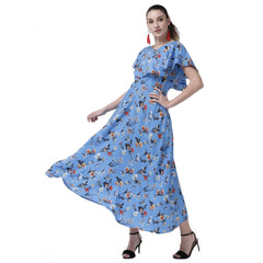 Mayawye Women's Crepe Floral Half Sleeves Full Length Gown(Blue)