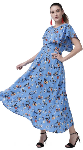 Mayawye Women's Crepe Floral Half Sleeves Full Length Gown(Blue)