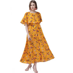 Mayawye Women's Crepe Floral Half Sleeves Full Length Gown(Yellow)