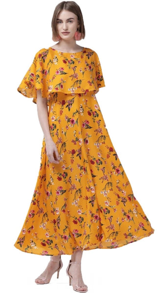 Mayawye Women's Crepe Floral Half Sleeves Full Length Gown(Yellow)
