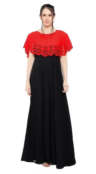 Mayawye Women's Crepe Solid Sleeveless Full Length Gown(Red Black)